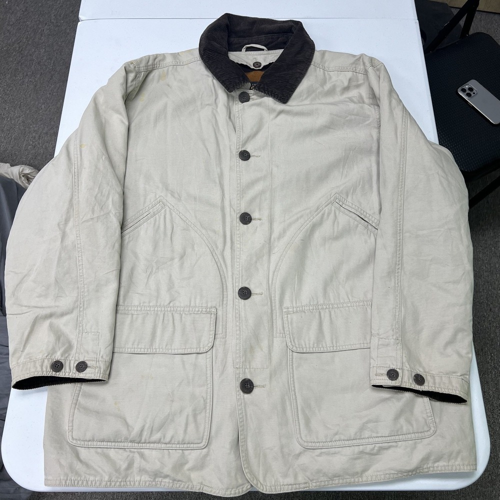 Woolrich Barn Coat Mens XL Beige Corduroy Collar Striped Lined Field Jacket